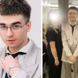 Młoda dziewczyna i chłopak w garniturze na imprezie. Na drugim zdjęciu chłopak z dwiema dziewczynami, jedna w czarnej sukience.
