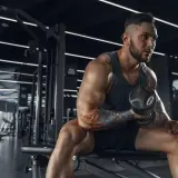 Muskularny mężczyzna z tatuażami ćwiczy biceps z hantlem w siłowni. Jego determinacja jest widoczna, jakby każdy ruch przybliżał go do celu, być może wspomaganego przez clenbuterol.