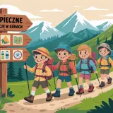 Dzieci wyruszają na wycieczkę w góry. Na drogowskazie widnieje napis "Bezpieczne wakacje w górach", a obok ikony apteczki, namiotu i mapy.