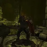 Rycerz w zbroi, gotowy do walki, z mieczem i tarczą. Scena z gry Divinity II: The Dragon Knight Saga.