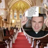 Wnętrze kościoła podczas ślubu. W okręgu ksiądz odpowiada na pytanie: czy świadek musi mieć bierzmowanie?