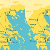 Mapa Grecji z zaznaczoną trasą wycieczki objazdowej Grecja 10 dni: Saloniki, Meteory, Delfy, Ateny, Peloponez.
