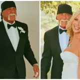 Hulk Hogan w czarnym smokingu i z charakterystyczną opaską na głowie, uśmiecha się obok panny młodej. To jego strefa komfortu, pełna radości.