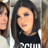 Tres mujeres con diferentes cortes de pelo, ideales como cortes de pelo para cara redonda: bob asimétrico, melena con capas y flequillo.