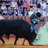 Un torero se enfrenta a un toro bravo en la arena, con el público observando. Los toros del torero son el centro de atención.