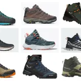 Buty trekkingowe różnych marek, w tym z podeszwami Vibram i Contagrip.