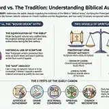Grafika porównuje protestancką zasadę Sola Scriptura z katolicką tradycją i Magisterium, pokazując biblijną autorytet.