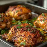 Quatre morceaux de poulet rôtis, dorés et savoureux, parsemés de persil frais. Parfait pour des recettes avec poulet.