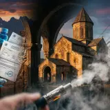 Gruzja: zakazane leki i dokumenty za kratami, obok starożytnej cerkwi i gór. Dym z e-papierosa unosi się w powietrzu.
