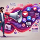Mężczyzna z megafonem i ikonami social media. Wizualizacja działań promocyjnych, przykładów kampanii i analiz.