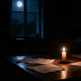 Płonąca świeca oświetla dokumenty na stole podczas nocnego black outu. Księżyc świeci przez okno.