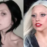 Lady Gaga kiedys: porównanie naturalnego wyglądu z czarnymi włosami i ikonicznego wizerunku z blond peruką i mocnym makijażem.