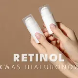 Dwie białe buteleczki z pompką w dłoniach. Tekst: RETINOL I KWAS HIALURONOWY.