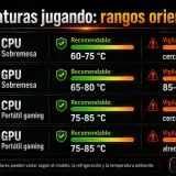 Rangos de temperatura para CPU y GPU en PC de sobremesa y portátiles gaming, indicando los tipos de calor recomendables y a vigilar.