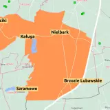 Mapa z zaznaczonymi obszarami zagrożenia ogniska ptasiej grypy w okolicach Szafarni, Kącik i Brzozie Lubawskie.