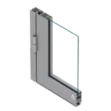 Przekrój okna Aluprof MB-45 z widocznym profilem aluminiowym, zawiasem i szybą.