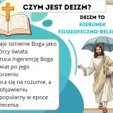 Ilustracja wyjaśnia deizm: uznaje Boga-stwórcę, ale odrzuca jego ingerencję w świat. Opiera się na rozumie, nie objawieniu.