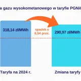 Wykres pokazuje, że ceny gazu spadną z 318,14 zł/MWh do 290,97 zł/MWh w 2024 r.