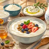 Una tavola imbandita con yogurt, frutta fresca, miele, granola e vari **formaggi** freschi, un invito a una colazione sana e gustosa.