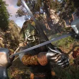 Starcia w lesie, jak w grach od Warhorse Studios. Dwóch rycerzy w zbrojach walczy mieczami, jeden w złotej masce.