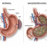 Vergleich: gesunder Hundemagen vs. Magendrehung Hund Aussehen. Verdrehter Magen, Milz, Darm. Symptome: Unruhe, Erbrechen, Speicheln.
