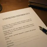 Documento di consenso informato, con penna stilografica e libro. La legge tutela il diritto di scegliere liberamente.
