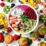 Frukostskål med bär, kiwi, mango och kokos. Muffins och mandlar runt om. En vitaminrik start på dagen!