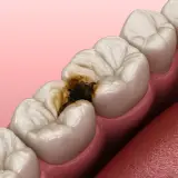 Dente cariato con cavità scura che raggiunge la polpa dentale.