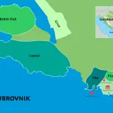 Mapa Chorwacji z zaznaczonym Dubrownikiem. Pokazuje dzielnice: Babin Kuk, Lapad, Gruz, Pile, Ploče i Stari Grad.