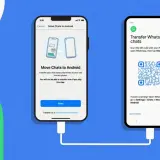 Instrukcja jak przenieść WhatsApp na nowy telefon. Dwa telefony połączone kablem, jeden z opcją "Move Chats to Android", drugi z kodem QR.
