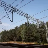 Trwa budowa sieci trakcyjnej nad torami kolejowymi, otoczona gęstym lasem sosnowym.