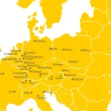 Karte Europas mit markierten DHL Freight Standorten in Städten wie London, Paris, Berlin, Wien und Budapest.