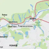 Mapa Puszczy Noteckiej z zaznaczonymi miejscowościami: Radogoszcz, Sieraków, Międzychód, Gorzyń, Chojno-Wieś. Widoczna rzeka Warta.
