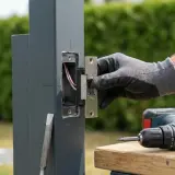 Montaż elektrozaczepu w słupku furtki. Ręka w rękawicy przykręca element zamka. Obok wiertarko-wkrętarka.