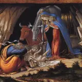 A classic nativity scene, one of many nativity paintings by famous artists, depicts Mary, Joseph, and angels gathered around the infant Jesus in a humble stable.