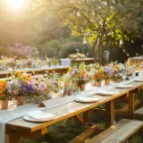 Long tables dressées en extérieur, ornées de bouquets de fleurs sauvages colorées, prêtes pour un repas mariage bonne franquette sous le soleil.