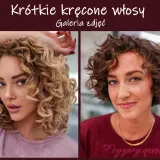 Dwie kobiety prezentują stylowe, krótkie kręcone włosy. Jedna ma blond loki, druga ciemniejsze.