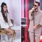 Grzegorz Hyży, król nocy, na scenie. Obok siedząca kobieta w białym swetrze.