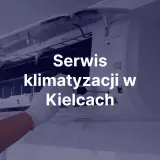 Ręka w białej rękawiczce naprawia klimatyzator. Napis "Serwis klimatyzacji w Kielcach".