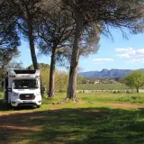 Un camping-car blanc est garé sous des pins, avec des chaises pliantes à côté. Un paysage de vignobles et de montagnes s'étend au loin. Un guide aire camping car idéal pour l'aventure.