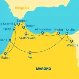 Mapa trasy z Hiszpanii do Maroka, obejmująca promy i miasta takie jak Tanger, Rabat, Fez, Szafszawan.