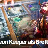 Ein detailreiches Dungeon-Crawler-Brettspiel mit Goblins, Schätzen und einem stilvollen Bullen-Charakter.