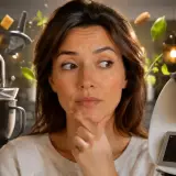 Kobieta zastanawia się, czy wybrać robota kuchennego Cobbo 7, czy Thermomix. Wokół unoszą się składniki.