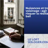 Silhouette d'une femme faisant un signe de paix, face à une autre femme sur un balcon. Le texte parle de **conflit de voisinage**.