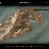 Mapa świata z zaznaczonymi lokacjami na wyspach Skellige: Britt, Wieś Svorl, Kevan i Jaskinia.