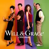 Cztery postacie z serialu **Will & Grace** stoją na tle kolorowych pasów.