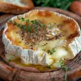 Un camembert braisé fondant, garni de thym et de poivre, prêt à être dégusté avec du pain croustillant.