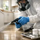 Person i skyddsdräkt sprayar vid golvlisten, kanske för att sanera en gammal asbest plastmatta.