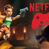 Lara Croft w akcji, gotowa na nowe przygody w grach na Netflix. Czerwony kontroler i logo Netflix zapowiadają emocje.