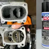 Przed i po czyszczeniu kolektora dolotowego silnika diesla. Puszka Liqui Moly płukanka do silnika diesel.